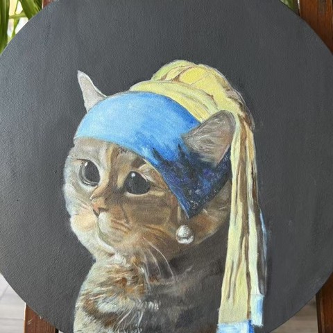 Painting by Haopeng (Jack) Xie: a cat in the style of Girl with a Pearl Earring