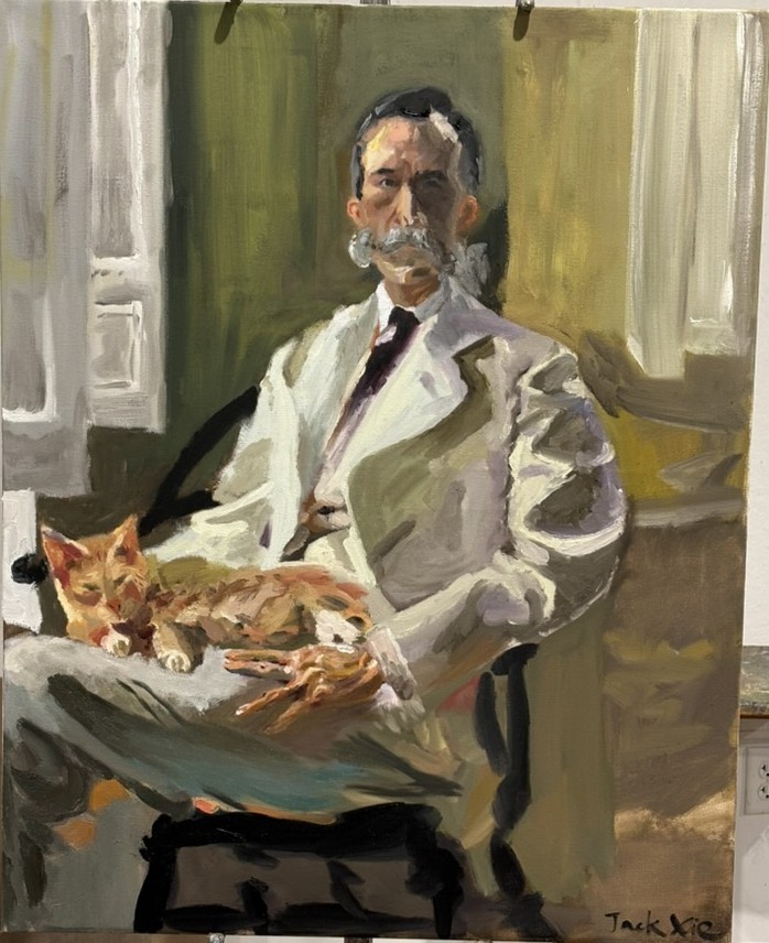 Master copy of Cecilia Beaux's Man with the Cat: a seated man in a cream suit with an orange cat on his lap